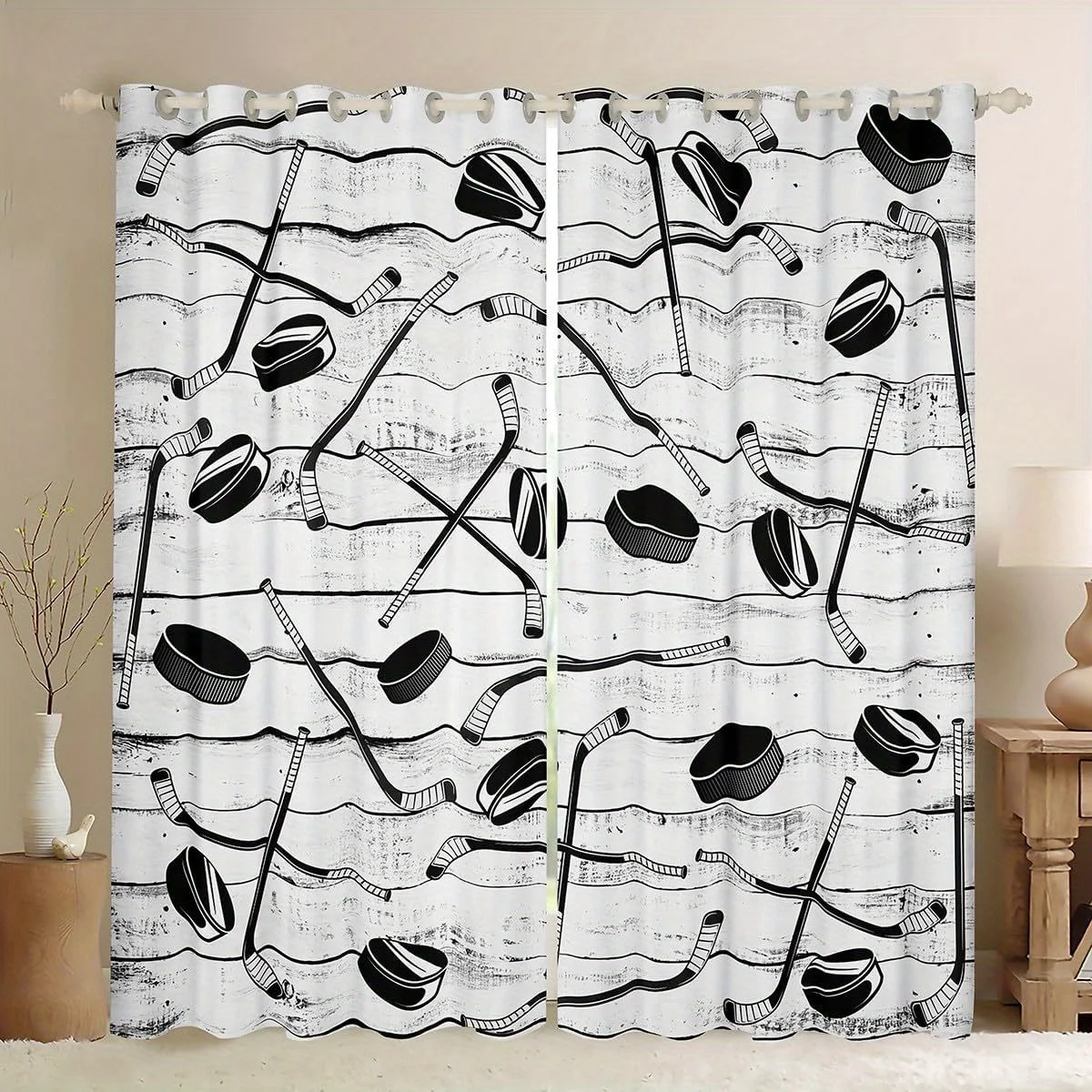 1pc Black and white hockey stick and puck pattern curtains, polyester fabric, machine washable, suitable for bedroom decoration