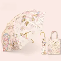 Summer Women Umbrella Curved Hook Handle 3 Folding Sunshade Umbrella Black Coating Sunscreen UV Protection Blackout Umbrella