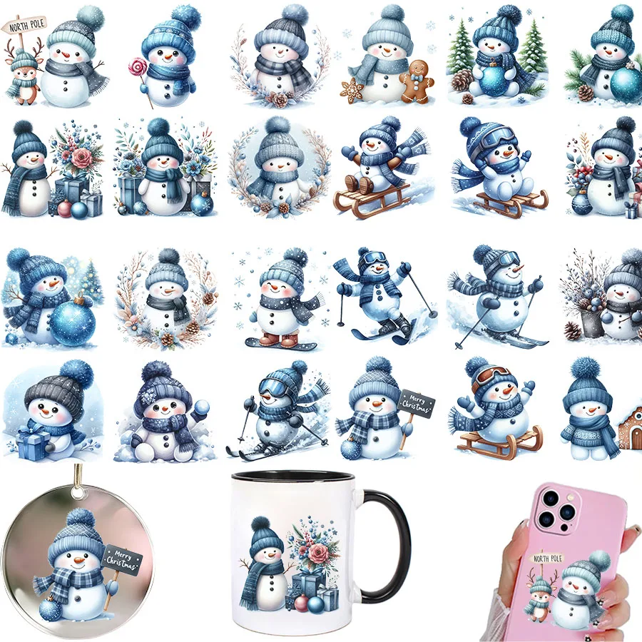 4 Stück Winter-Weihnachts-Schneemann-Aufkleber in Blau zum Aufreiben, UV-DTF-Transferaufkleber für Tumbler, Glasbecher, Dosen, Karten, Weihnachtsbaum-Dekoration