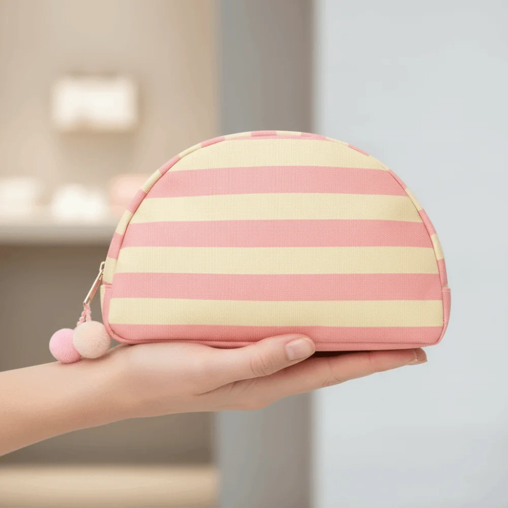 Durable Striped Cosmetic Bag Contrast Color Pom-pom Tassel Shell Shape Pouch Compact Size Washable Fabric