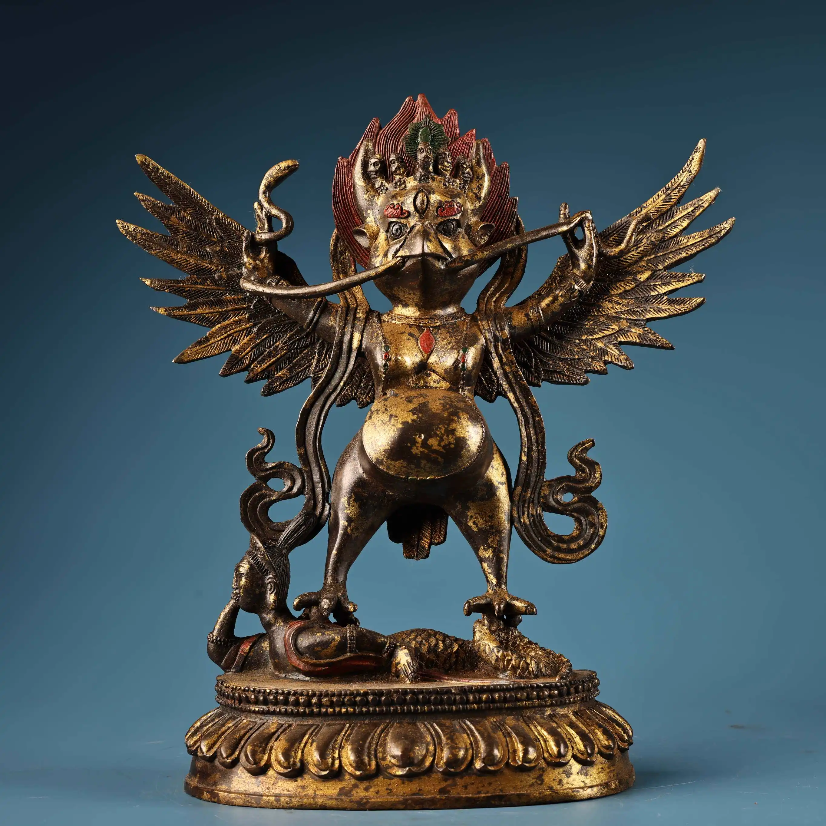 Tibetan High Relief Garuda Protector Statue Clay Gold 3D Carving Home Decor Collectible