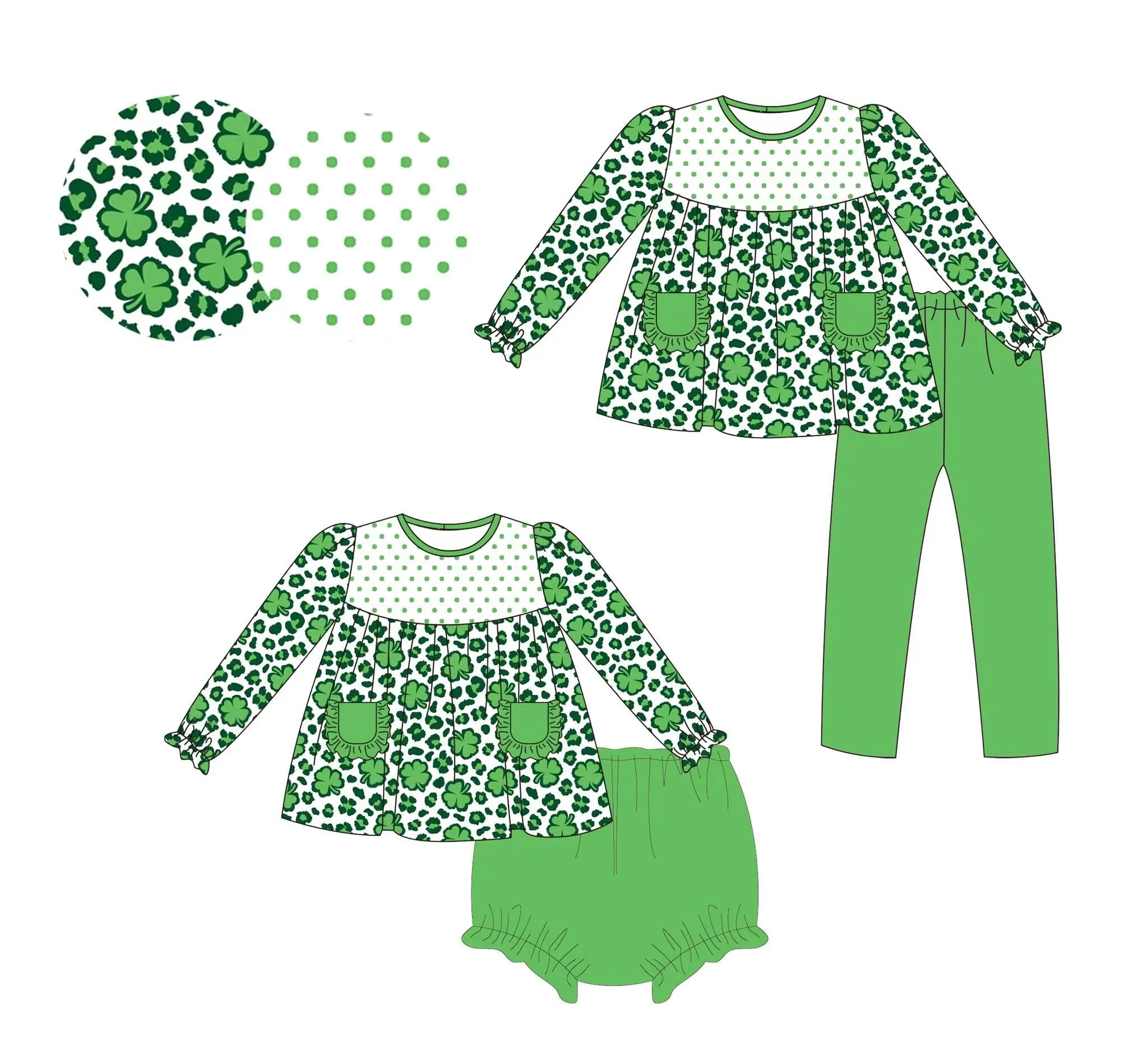 St. Parker's Day boutique children's set long-sleeved elastic pocket lace four-leaf clover printed trousers girl's suit baby set