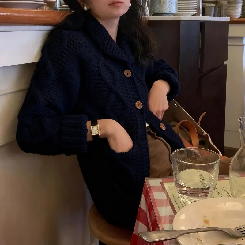 Heavy Industry Coarse Needle Twist Sweater Lapel Pocket Autumn and Winter Jacket