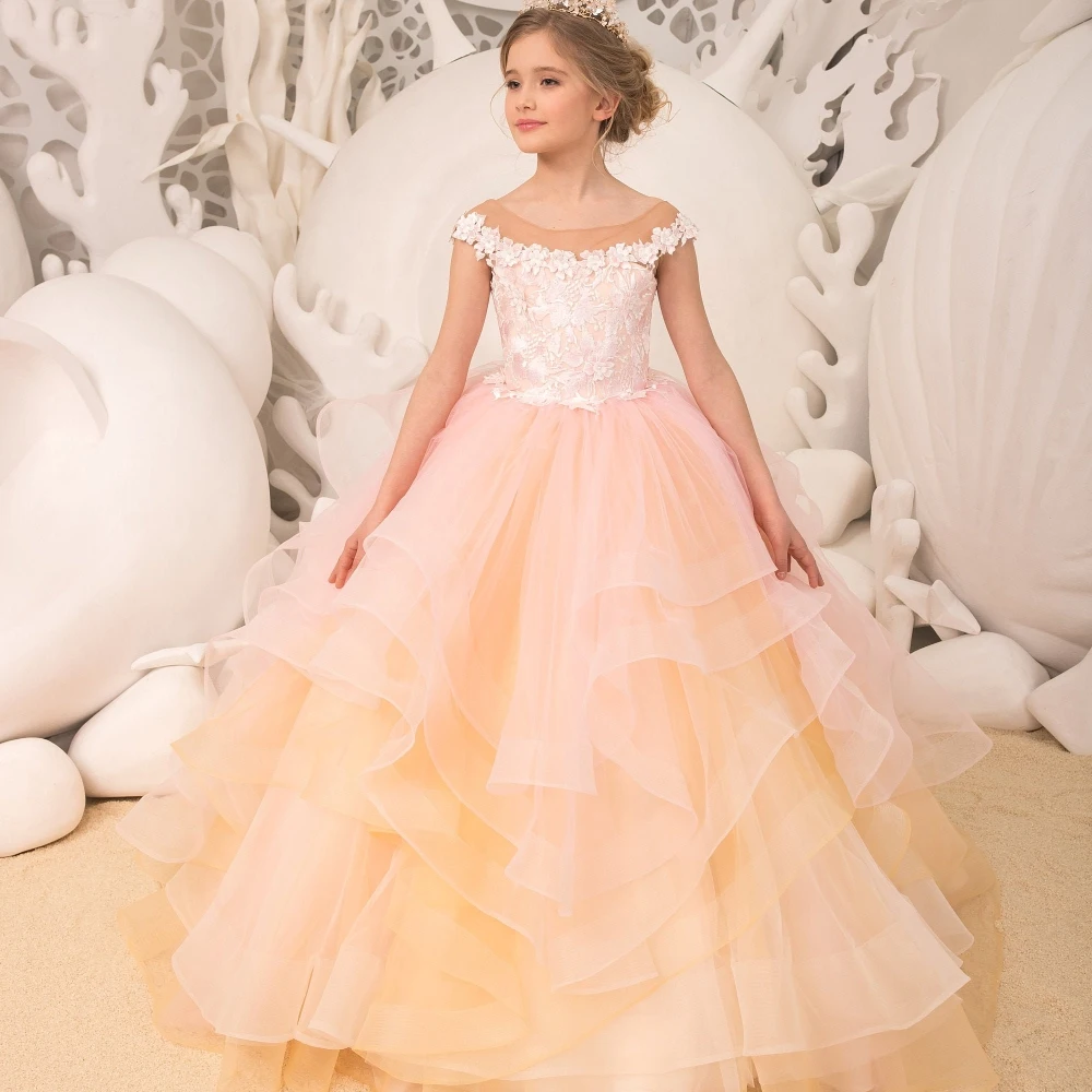 

EVLAS Blush Pink Flower Girl Dresses For Weddings Ball Gown Girls Pageant Gowns Lace Ruffles Kids First Communion Dress TFD093