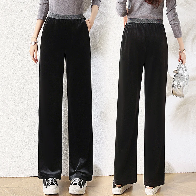 

Женские брюки из вельвета с высокой талией, прямые, больших размеров, с эластичным поясом, повседневные, утягивающие, длинные, широкие штанины