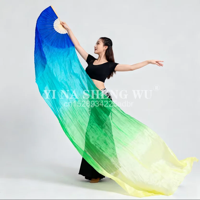 1 زوج الحرير الطبيعي المشجعين الرقص الشرقي مروحة طويلة 100% الحرير الحقيقي الرقص الشرقي ملحق اليدوية مصبوغ الحرير الحجاب الرقص التدرج المشجعين #5