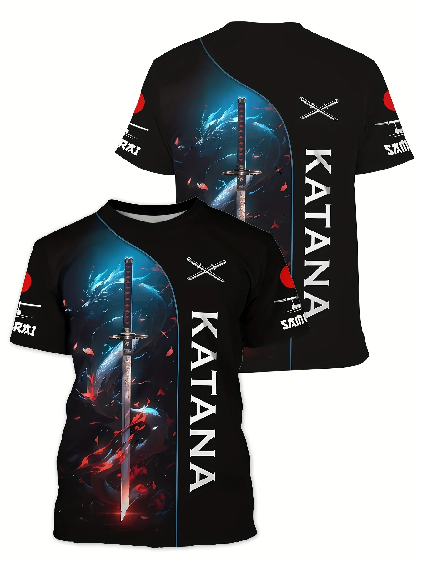 Men's Summer Fashion T-shirt, 3D Digital Katana and Dragon Pattern Crew Neck Short Sleeve Tee Tops for Outdoors and Sports Wear