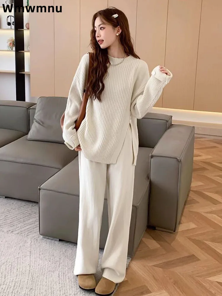 

Модный вязаный комплект на осень-зиму, мешковатые прямые широкие брюки, комплект из двух предметов, женский повседневный свободный топ с разрезом, трикотаж Conjuntos