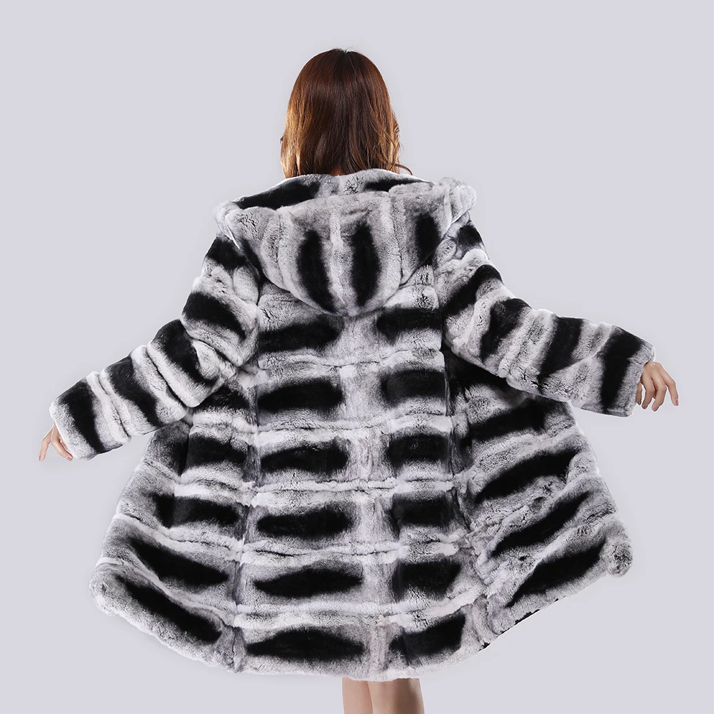 New Real Fur Coat With Hood Jacket Long Winter Coat Large Fur Hood Rex Rabbit Chinchilla Fur Hooded Jacket Women Real Fur Coat