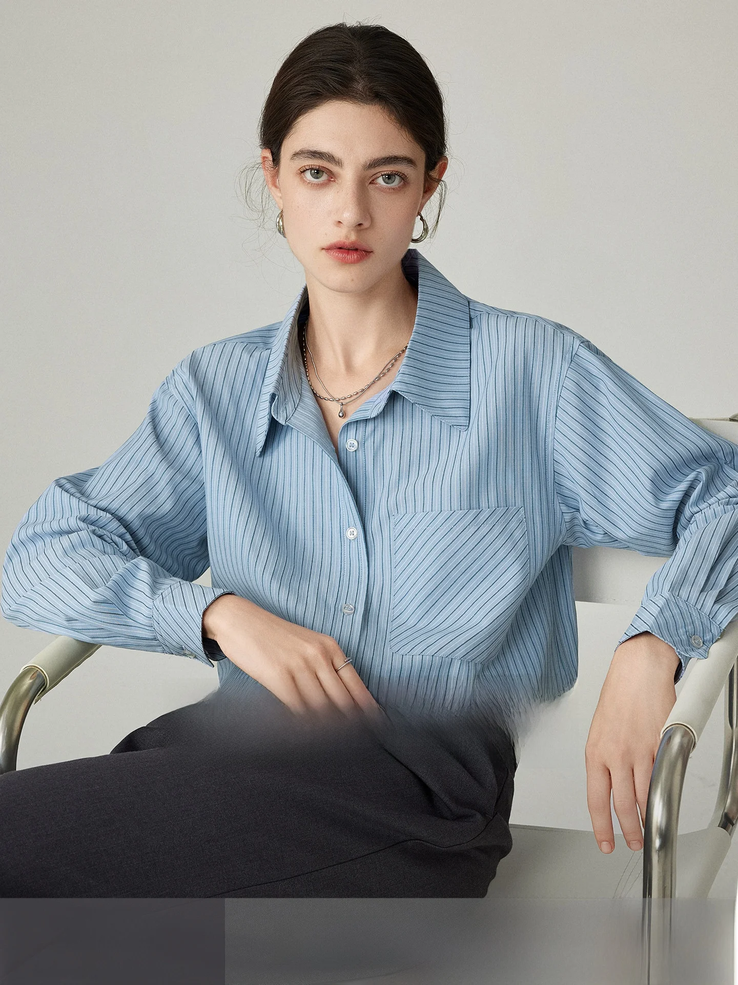 

Classic Blue Striped Long Sleeve Shirt for Women Commute Professional Spring Autumn Straight Cut V-neck Polyester Cotton Blend