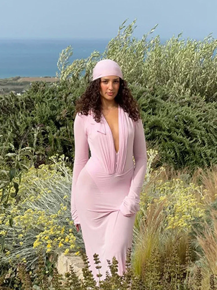 Premium Deep V Neck Long Dress Women Solid Long Sleeve Stretchy Slim Fit Summer Vacation Date Outfit New