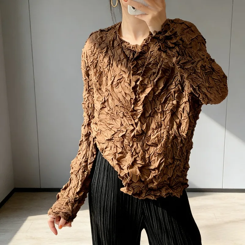 

Miyake Pleated Fold Jacket Women Plisse Cardigan 2026 Spring Autumn New Short Jacket Women Design Long Sleeve Pleats Jacket Top