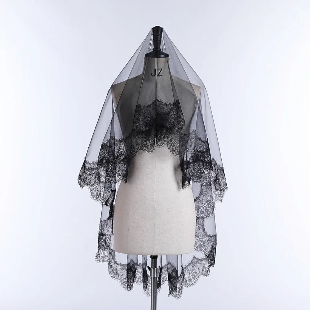 Velo de novia clásico de una sola capa, velo mantilla negro transparente, accesorios para el cabello, velo de boda con ribete de encaje, disfraz de Halloween