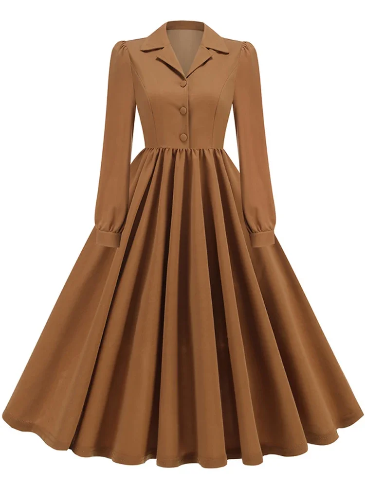 Long Sleeve Autumn Office OL Runway Vintage Swing Dresses 2025 Solid Work To Wear Turn Down Collar Black Brown Flare Tea Dresses