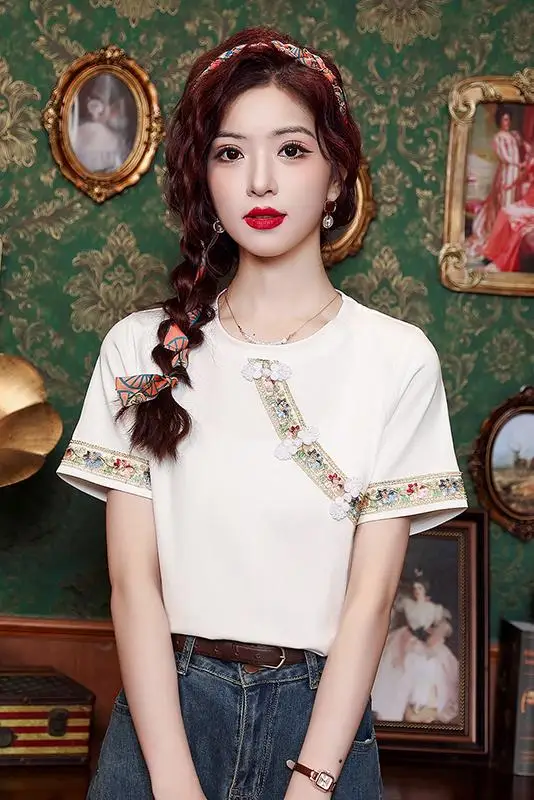 Chinese Style Women\'s T-shirt Summer New Embroidery Vintage Tees Short Sleeve Loose Women Tops Cotton O-neck Clothing