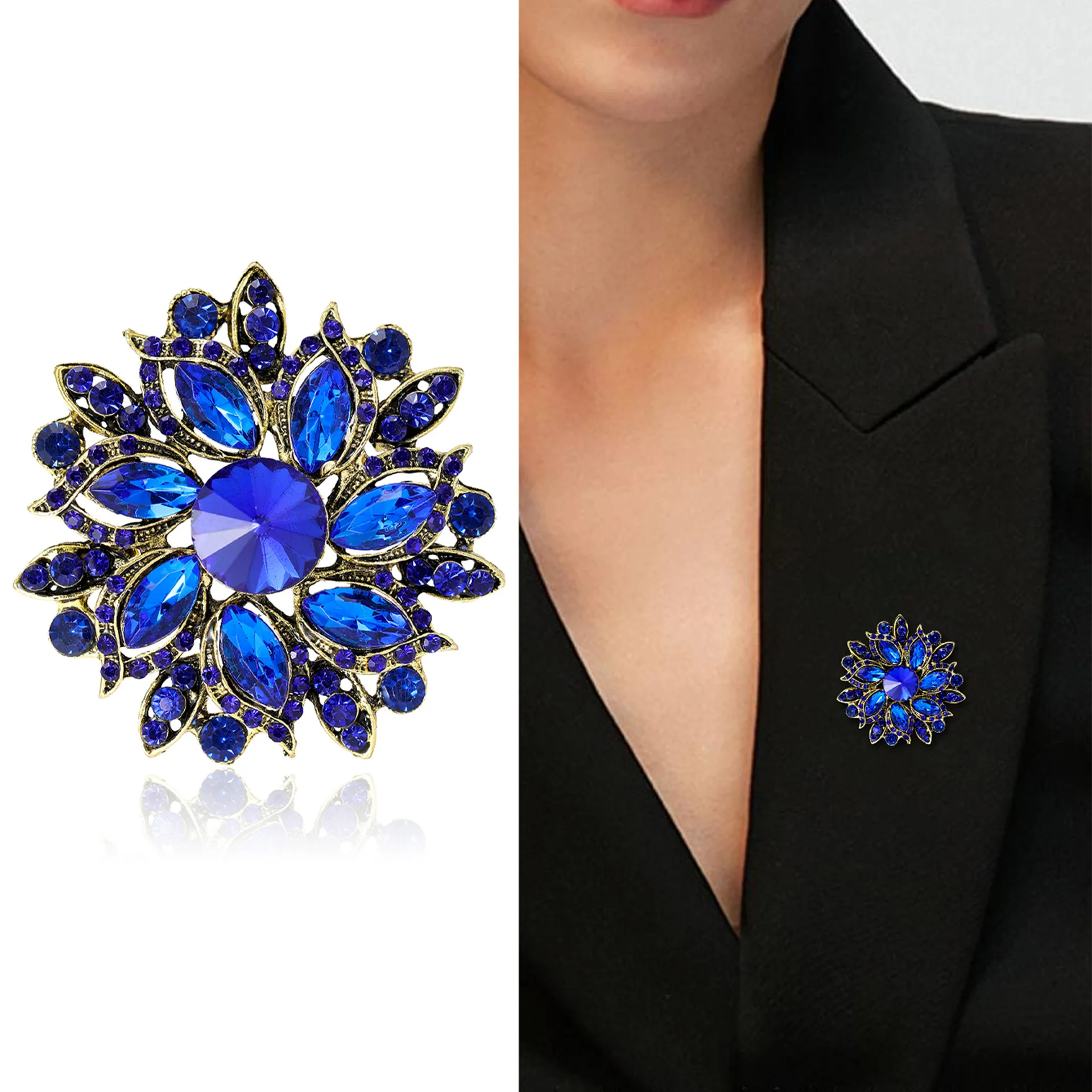 Anmutige Luxus-Kristall-Broschen mit runden Blüten für Damen, trendige Zirkon-Anstecknadeln, Schmuck für Party, Büro, Anzug, Dekoration, Festivalgeschenk – Detail 35