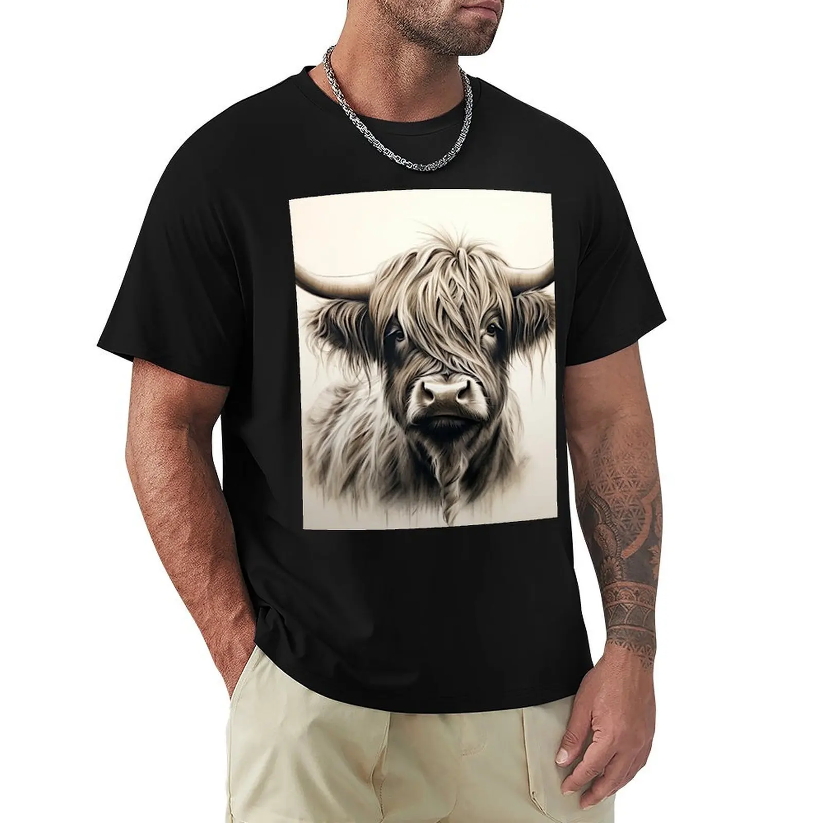 

Highland Cow Black and White, Sepia T-Shirt quick-drying vintage anime shirt anime t shirts oversized t shirt t shirt men