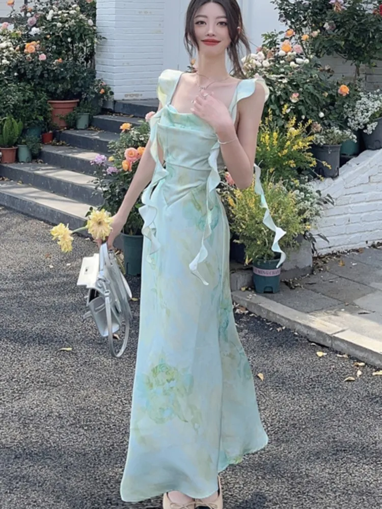 Elegante doce cetim impressão vestidos da mulher verão coreano nova moda cinta babados chique a linha festa férias praia feminino