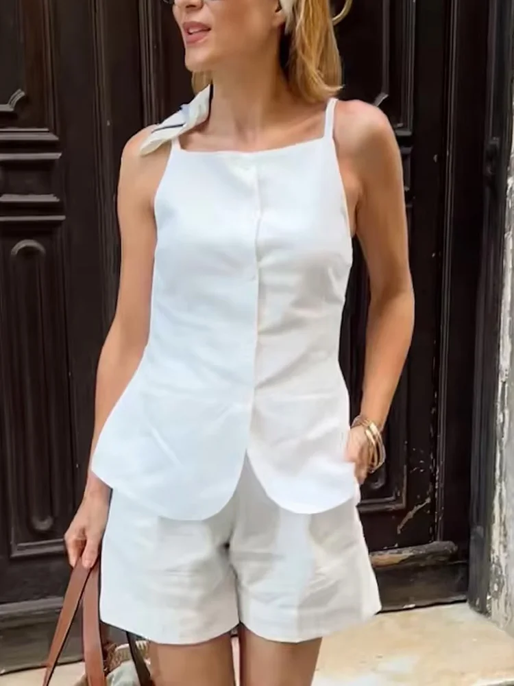 

HH женский однобортный однобортный топ без рукавов с квадратным воротником + летний мини-шорты с высокой талией и боковым карманом на молнии