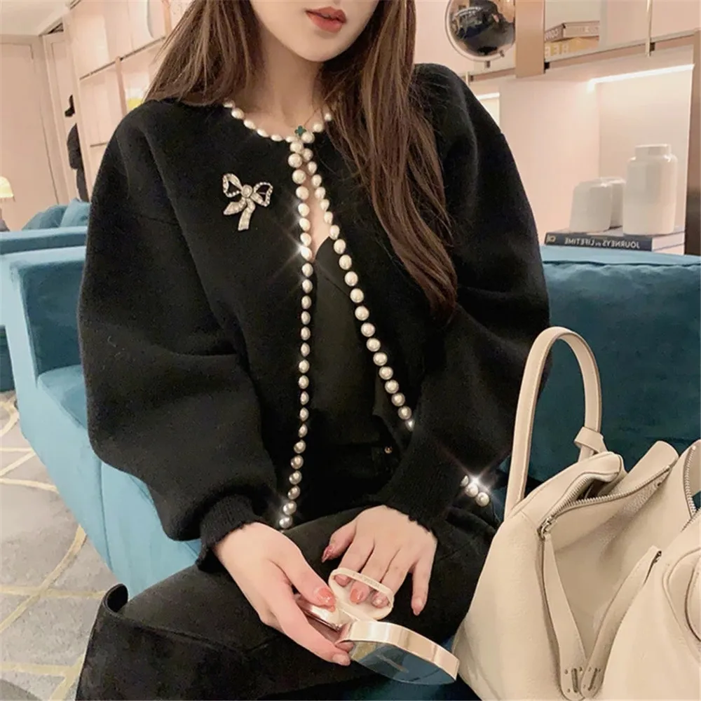 Pearls Batwing Sleeve Knit Vintage Cardigan Office Ladies Fashion Knitted Korean Jackets Women\'S Black High Quality Jacket Coat