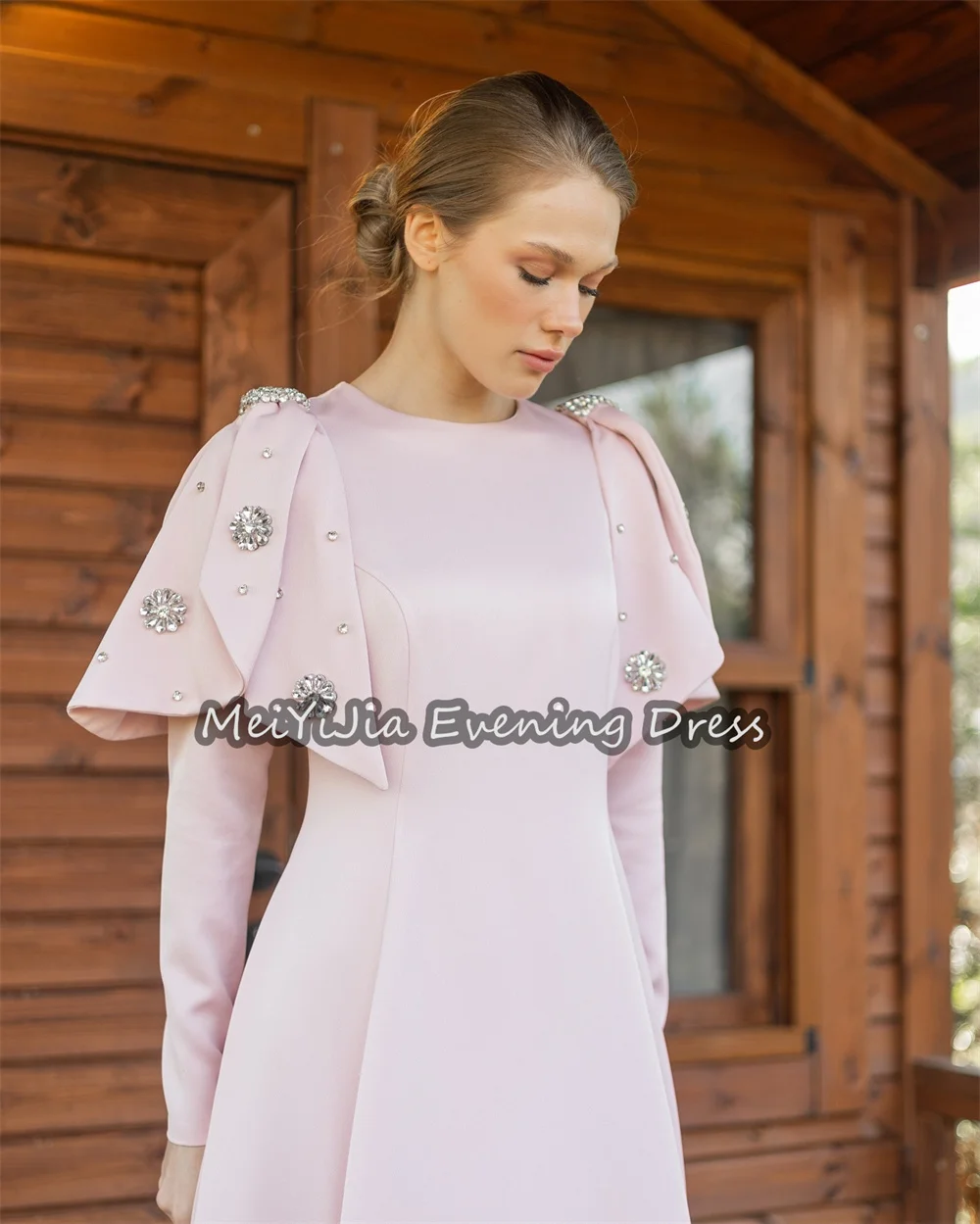 Simin كريب a-line رقبة دائرية كشكش طول الكاحل فساتين سهرة سعودية بسيطة للنساء 2025 مع ثنيات مطرزة فستان الحفلات العربية #2