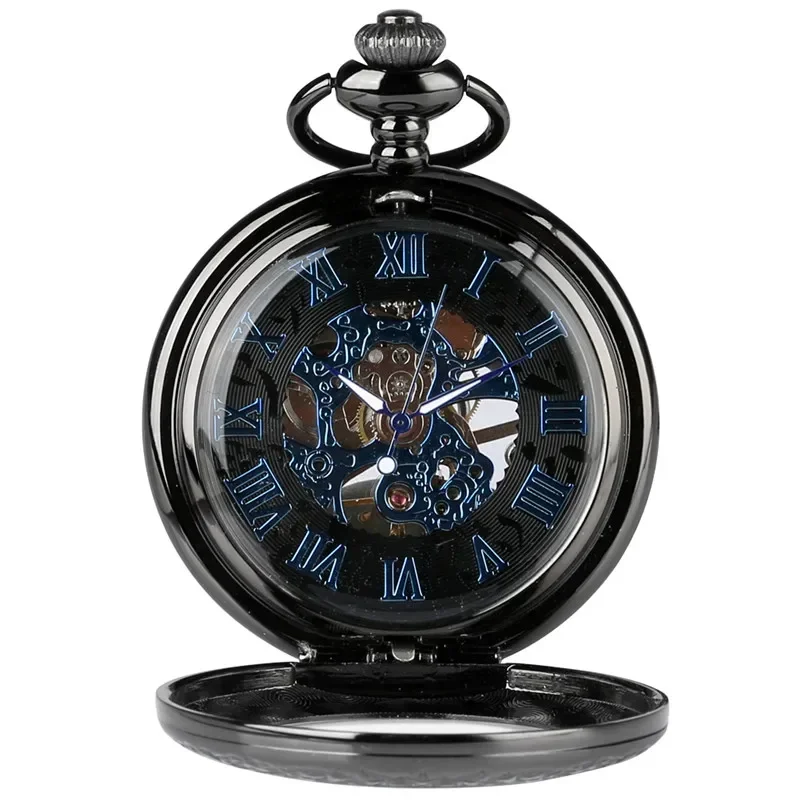 Antique Pendant Watches Roman Numbers Transparent Men Women Mechanical Hand Wind Pocket Watch Fob Pendant Chain Luminous Hands