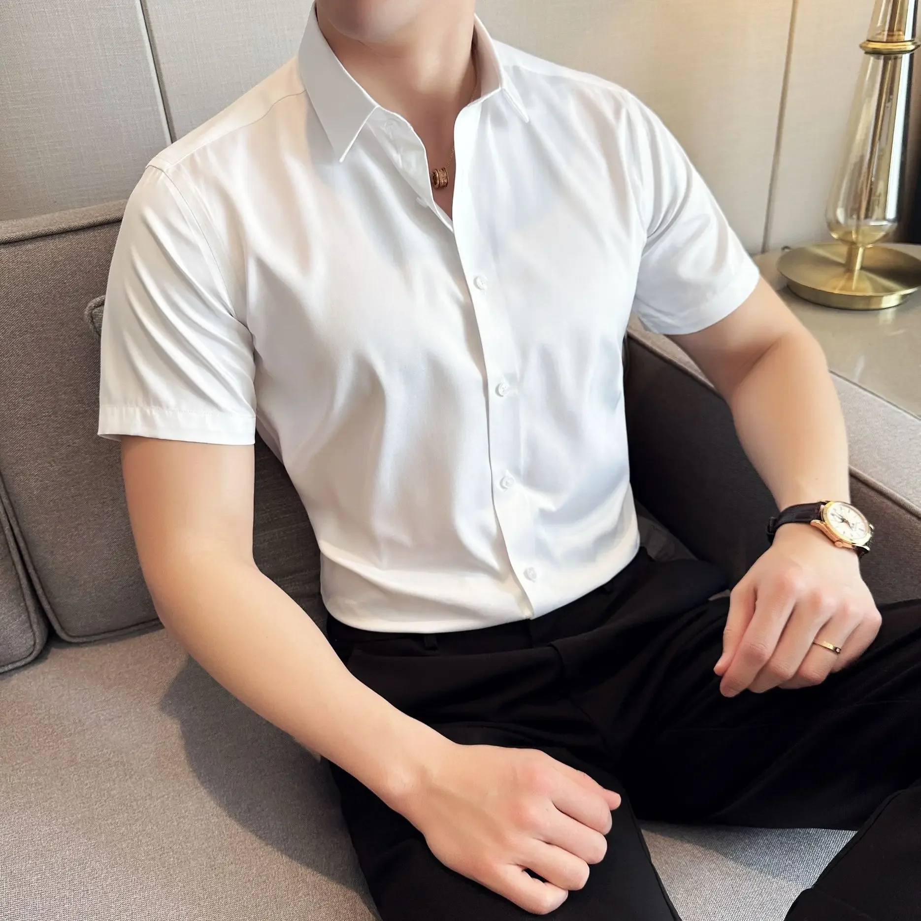 S~6XL increase luxury summer mercerized satin short sleeve shirt ice silk cool half sleeve solid color business casual men shirt