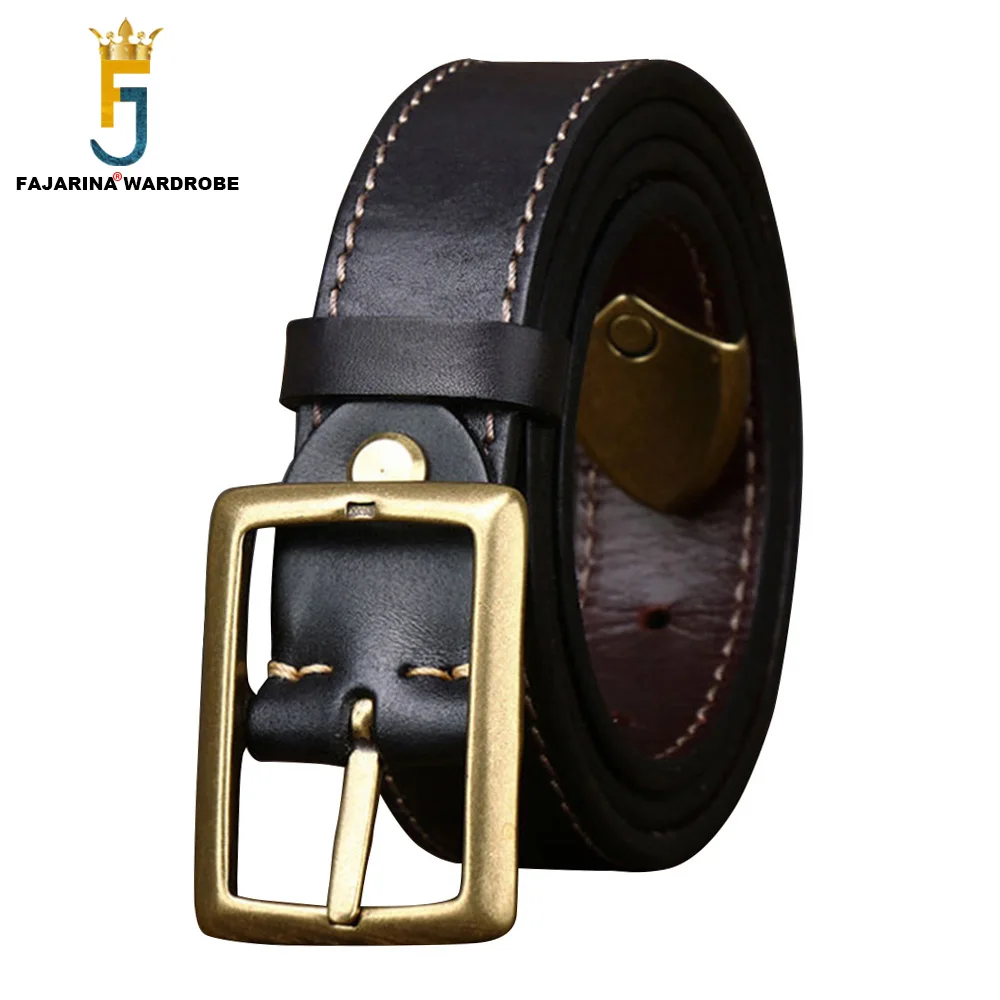 

FAJARINA Top Quality Pure Solid Cowskin Leather Brass Pin Buckle Retro Belt 3.8cm 3.3cm Wide