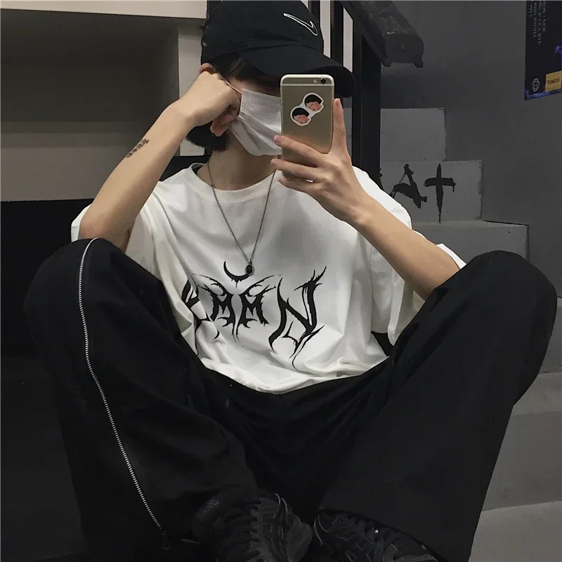 Women T Shirt Hip-Hop Loose Punk Letter Print Tops Tee Black T-shirt Female 90s Graphic Tee Cute Tops Tee Goth