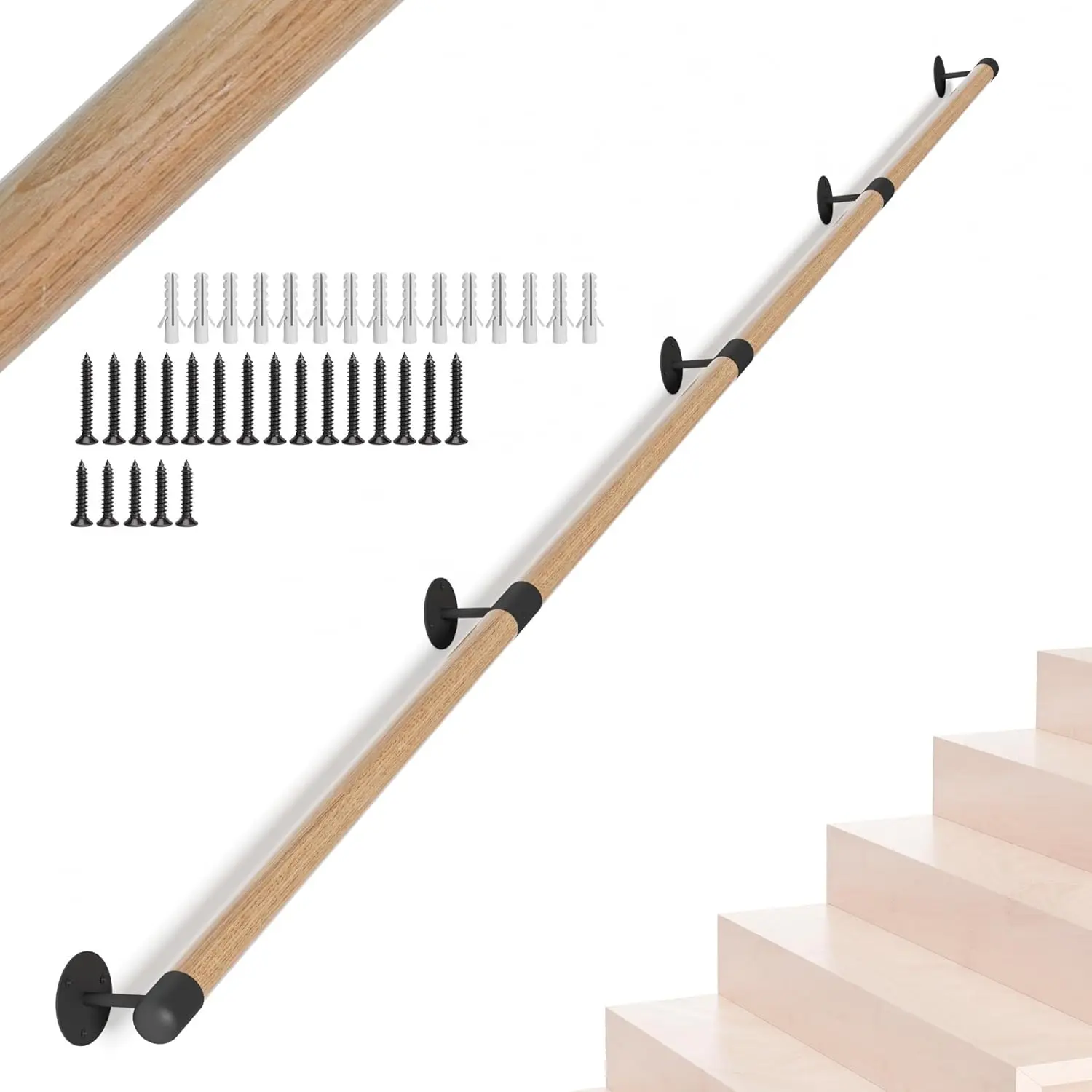 

13FT Round Wooden Stair Handrail, Indoor Wall Mount Support Railings, Non-Slip Safety for Elderly and Disabled