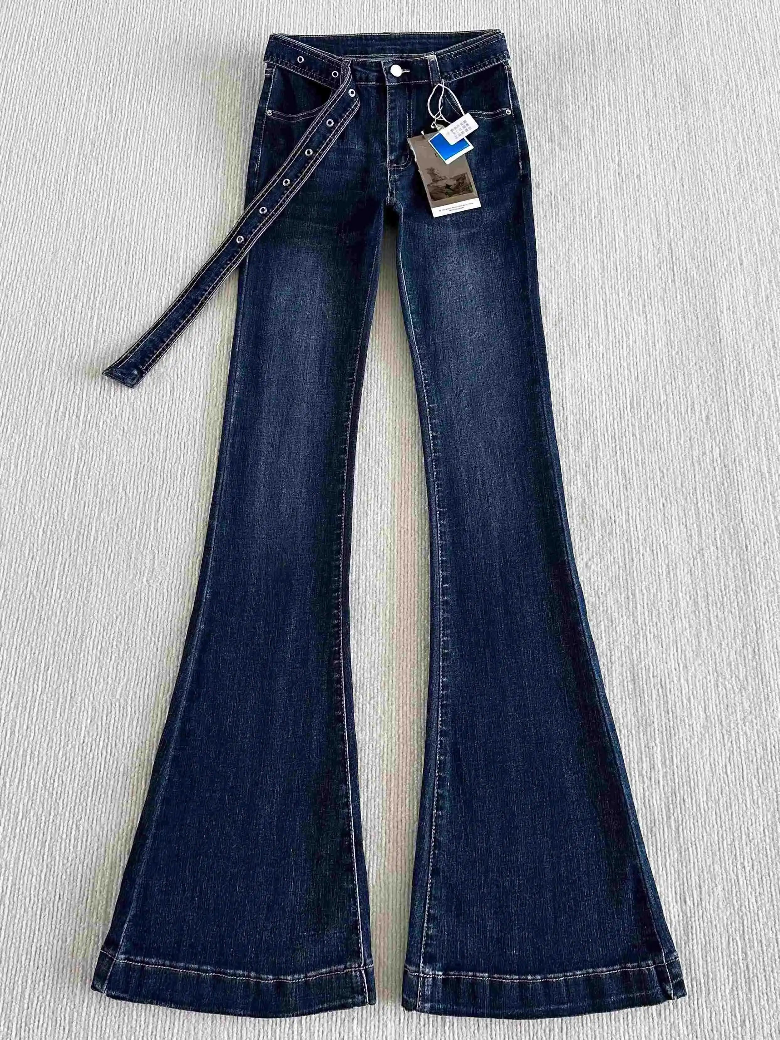 

Длинные расклешенные джинсы в стиле ретро для женщин, весенние, с низкой посадкой, облегающие и прилегающие к ногам, расклешенные брюки