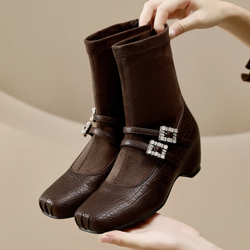 AIYUQI 2026 Women Mary Jane Ankle Boots Rhinestone Buckle Strap Wedge Heel Back Zipper Stretch Booties Retro Dress Short Boots