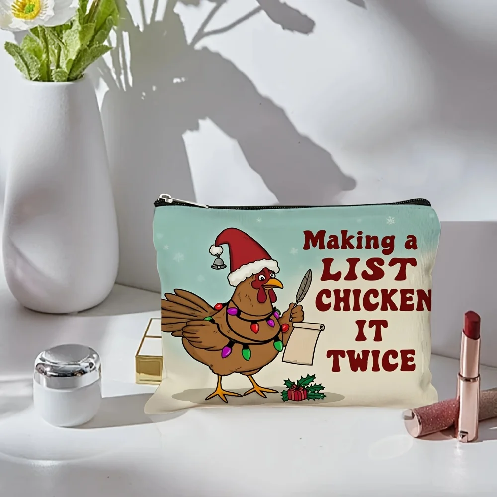 Una borsa per il trucco con motivo pollo natalizio: custodia multifunzionale con cerniera, borsa per riporre gioielli, piccola custodia con cerniera da viaggio perfetta b