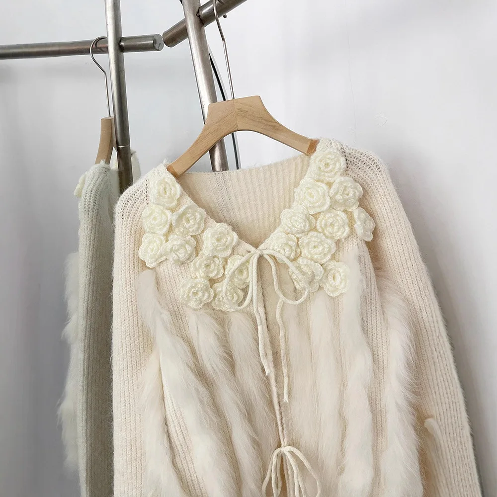 2025 automne mode coréenne décontracté 3D fleur pull vestes col en v à manches longues en vrac à lacets fourrure épissé tricoté Cardigan femmes