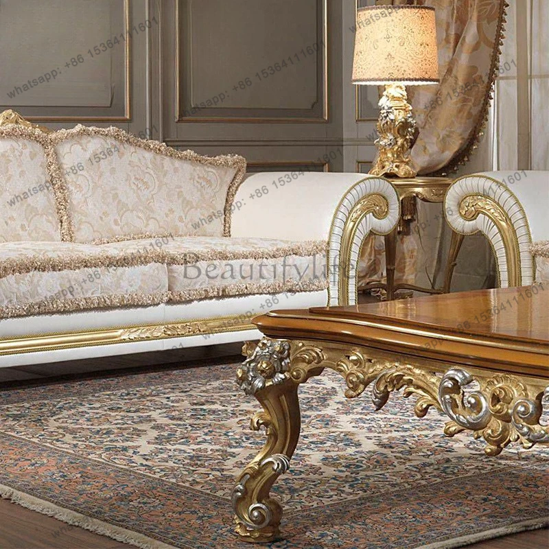 Neoclassical European style villa, living room, coffee table, furniture, birch carved wood veneer, parquet tea table