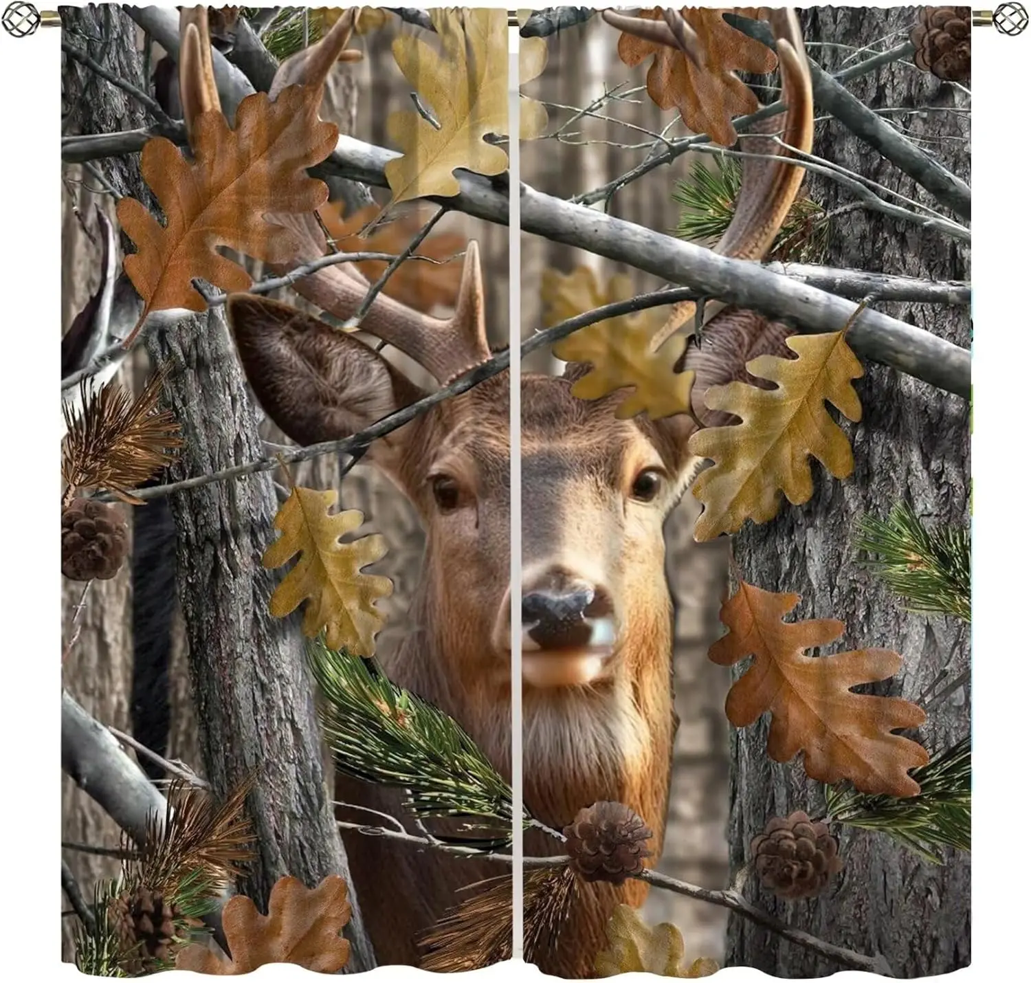 Forest Camouflage Deer Curtains, Forest Camo Oak Branches Leaves Mossy Hunting Lodge Camp Cabin Theme Windows Door