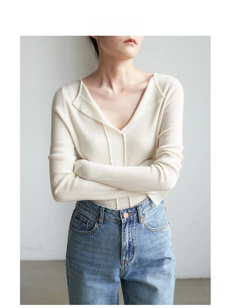 

Шерстяной вязаный топ LIMONN с V-образным вырезом и длинными рукавами для женщин, для повседневной носки, в стиле OL, приталенный, с пуговицами