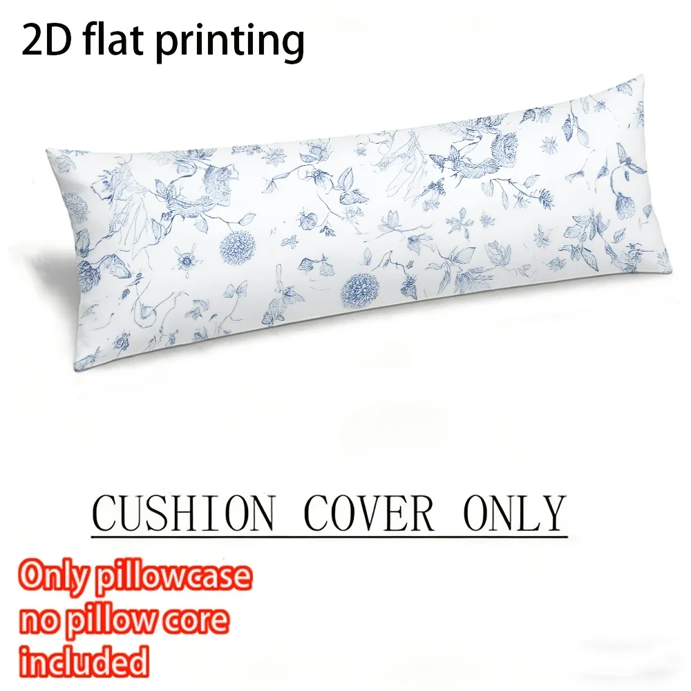 Long Pillowcase, 2D Printed Design, Blue Floral Grass And Wood Sketch Pattern, Full Support Pillowcase, Durable Fabric, Ideal Be