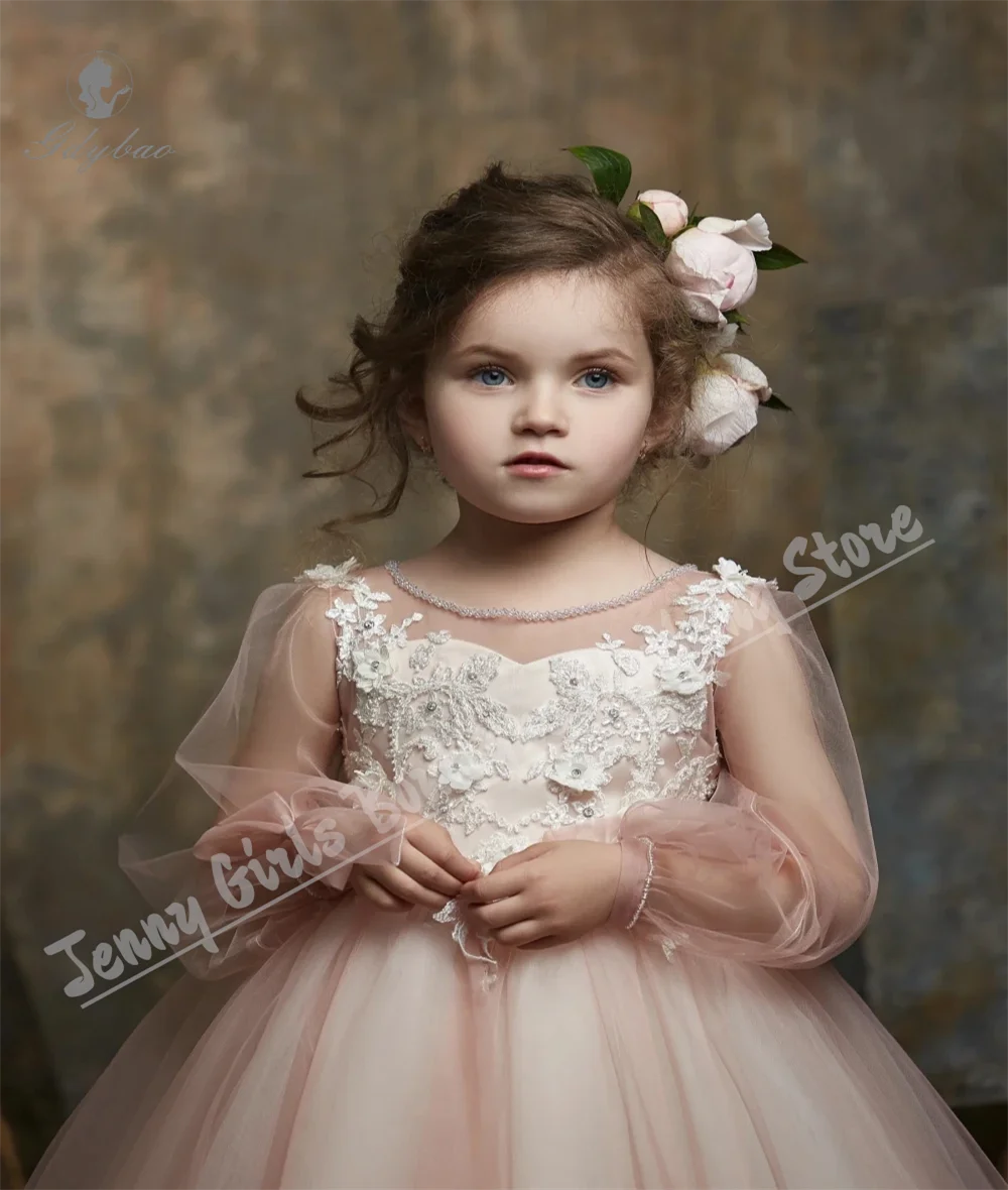 Vestidos de fiesta para niña con Apliques de encaje esponjoso, ropa para invitados de boda, encantador vestido de primera comunión de manga larga personalizable
