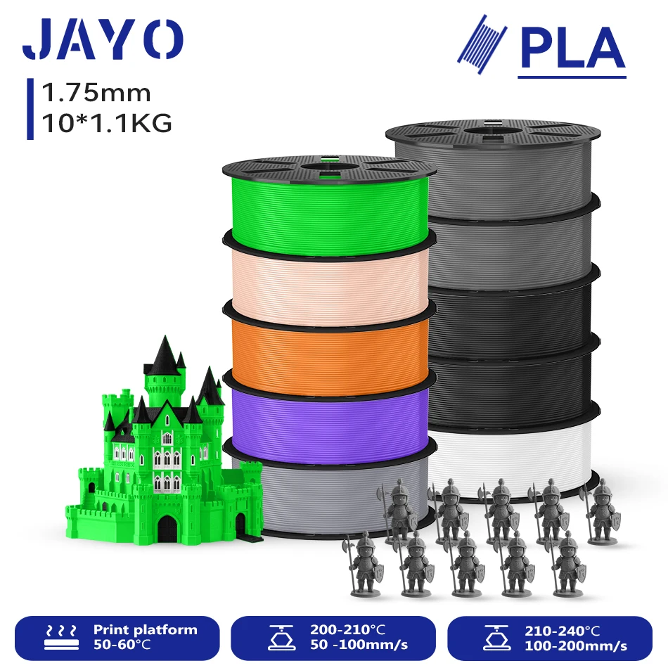 JAYO 10 Rollen 3D PLA Druckerfilament 1,75mm, ungiftig & blasenfrei, PLA-Kunststoff als 3D-Druckfilament für 99% der 3D-FDM-Drucker & -Stifte, 1,1KG/Rolle