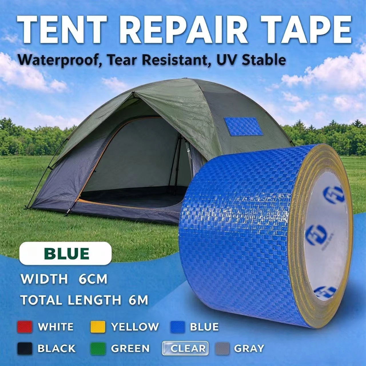 6cm x 6m Heavy Duty Waterproof Repair Tape for Tent Fabric Camping Gear Tarp Outdoor Equipment Tear Resistant Adhesive Patch
