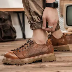 Men's Genuine Leather Cowboy Boots Punk Platform Casual Shoes Male Handmade Loafers Lace-up Western Dating Luxury Banquet Shoes