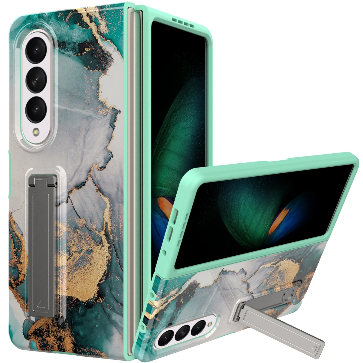 for Samsung Galaxy Z fold 4 Case with Kickstand Marble Pattern Hard PC Clear Bumper Full-Body Shockproof Thin Slim Case Cover