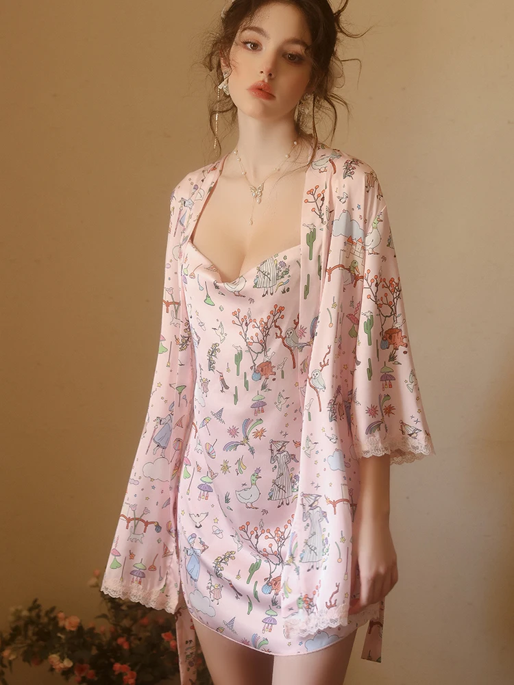 

Sweet Cartoon Print Ice Silk Sleepwear Set Sexy Alluring Home Comfort Suit with Sleep Dress And Outer Robe Pure Desirable Design