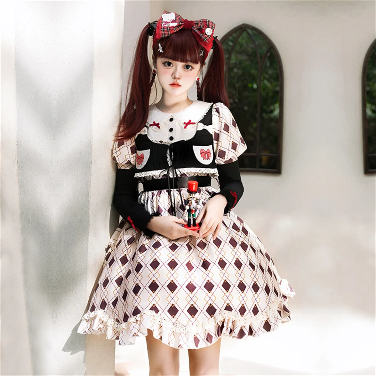 

Japanese Sweet Style Lolita Op Kawaii Girls Cosplay Cute Loli Peter Pan Collar Bowknot Diamond Ruffle Puff Sleeve Dress