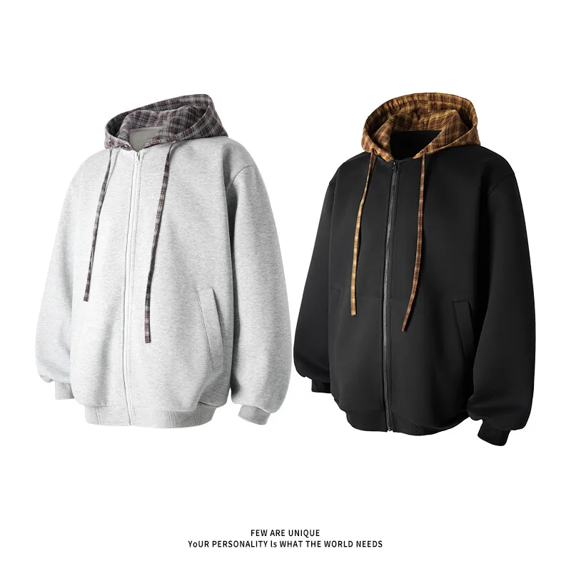 Veste à capuche épissée à carreaux pour hommes, cardigan décontracté, sweat à capuche couple, streetwear japonais, nouveau, 2025