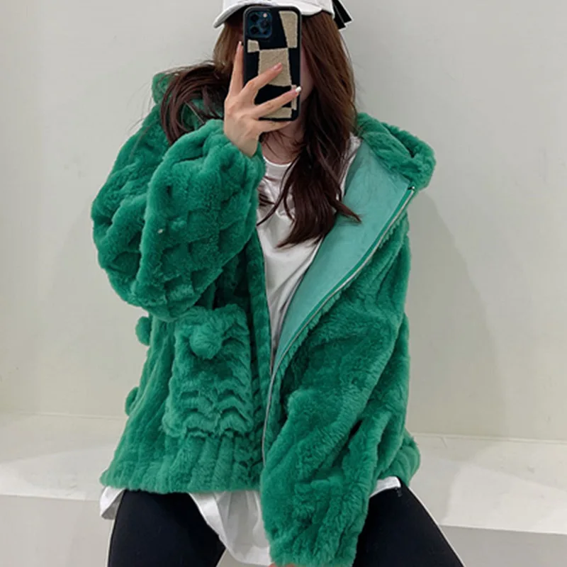 2024 Haining Fur  Autumn and Winter Lamb Wool Coat Women's Hooded Sheep Cut Fleece Fur One Piece Women's Youth Style