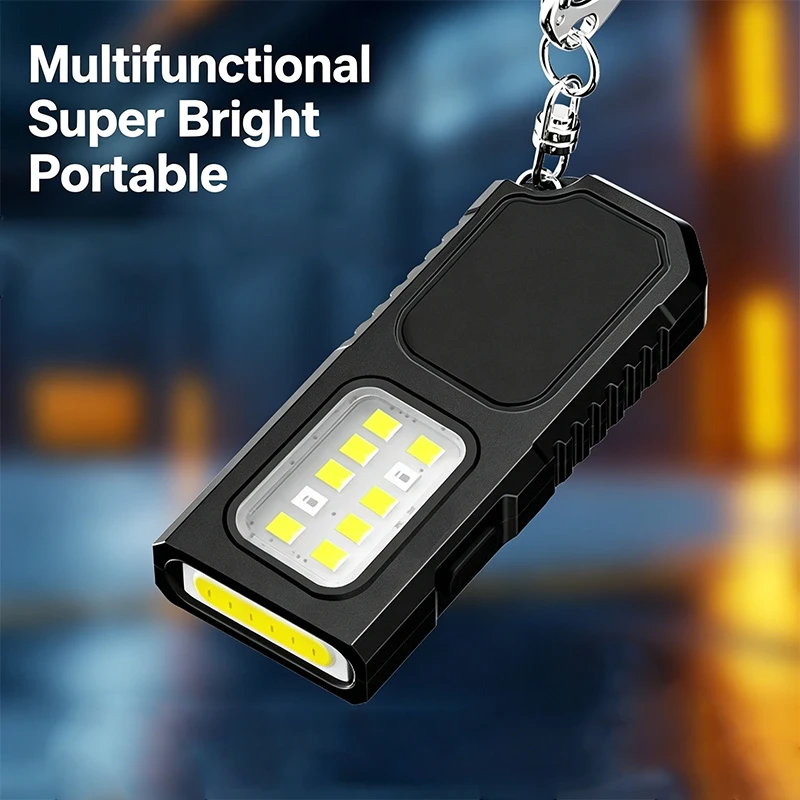 USB Rechargeable Keychain Flashlight COB LED Mini Work Light with Carabiner Waterproof Portable Pocket Torch for Camping Hiking