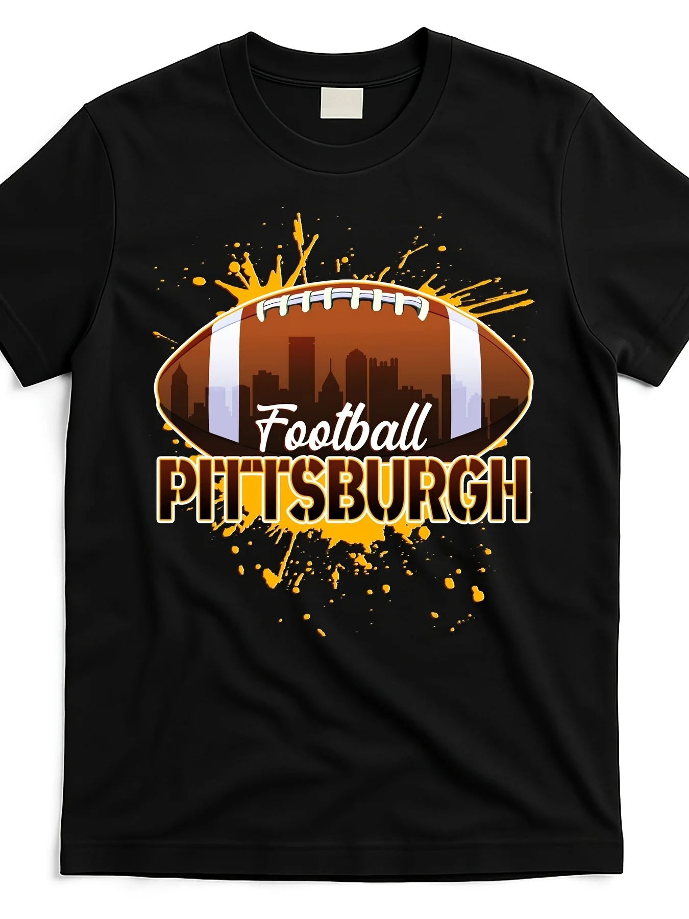 

Pittsburgh Football Graphic Men's T-shirt - Fashionable Round Neck T-shirt, Powerful Design for Football and City Skylines