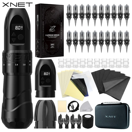 XNET F2 Kit de pluma de máquina de tatuaje inalámbrica profesional 7 carrera ajustable 20 agujas pluma de maquillaje permanente juego completo para tatuaje